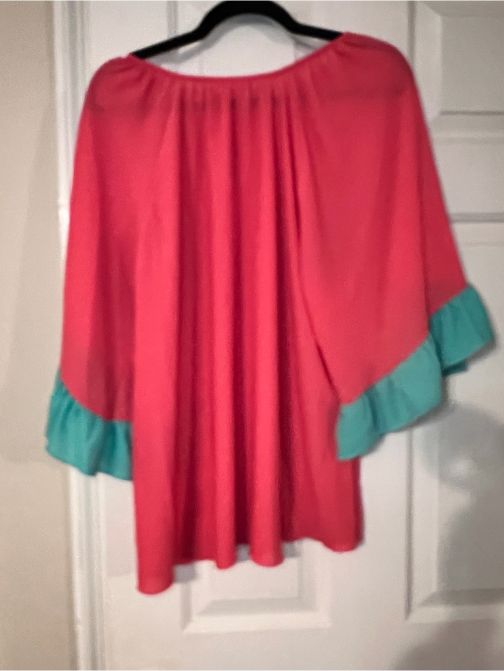 Women’s Pink Off-Shoulder Blouse with Teal Ruffle Sleeves